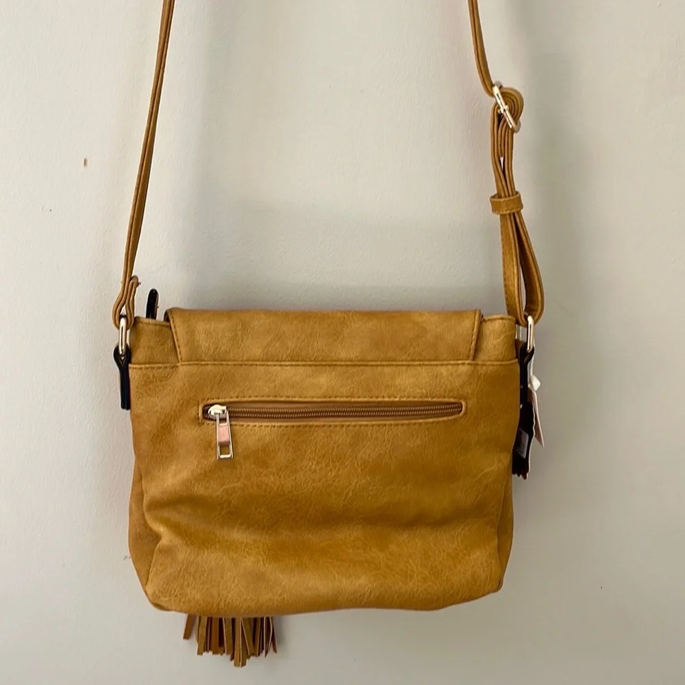 Alyssa vegan leather flap over crossbody handbag purse with tassels. NWT